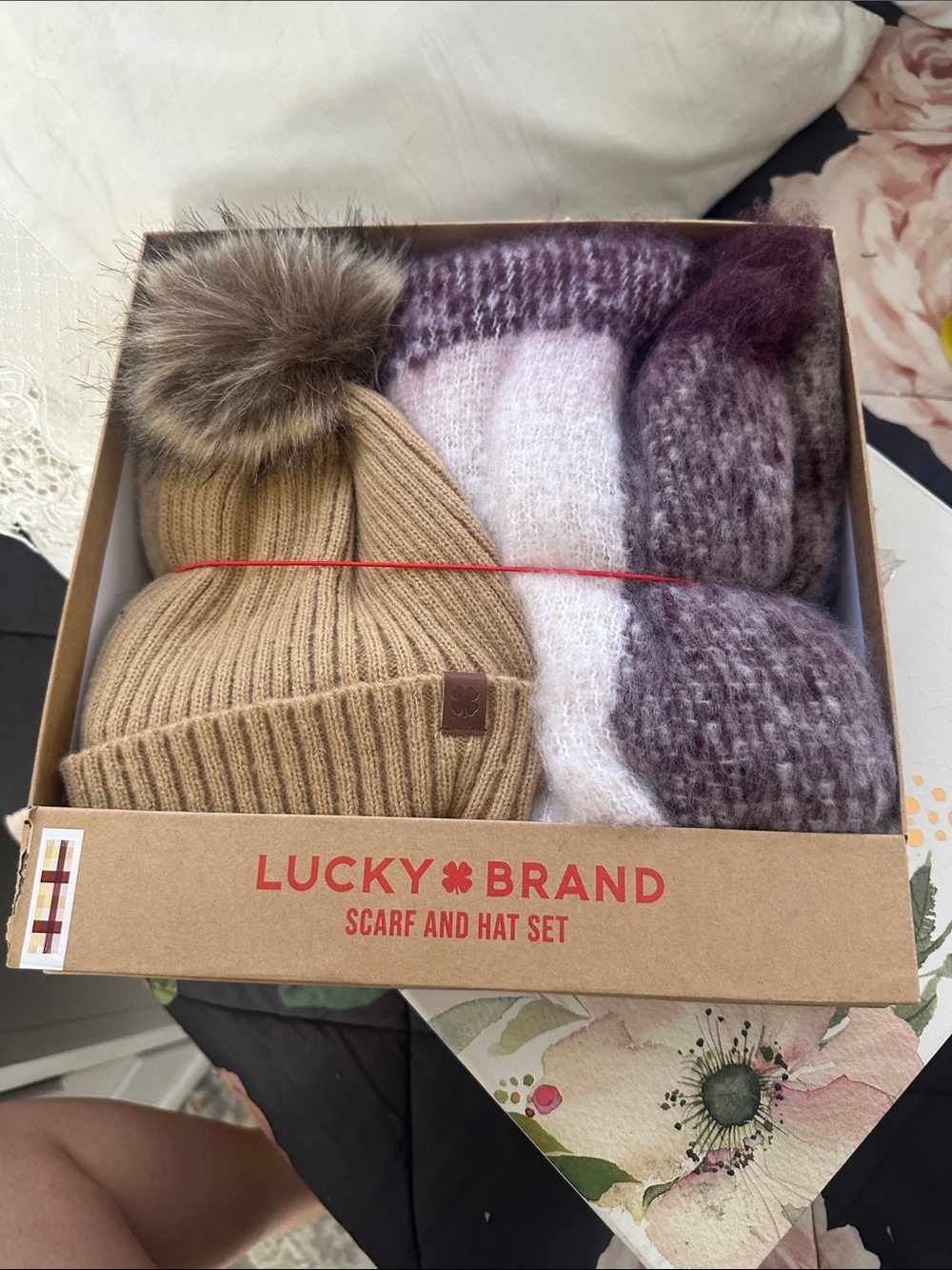 Lucky Brand  Beige Pom Beanie and Purple Scarf Set